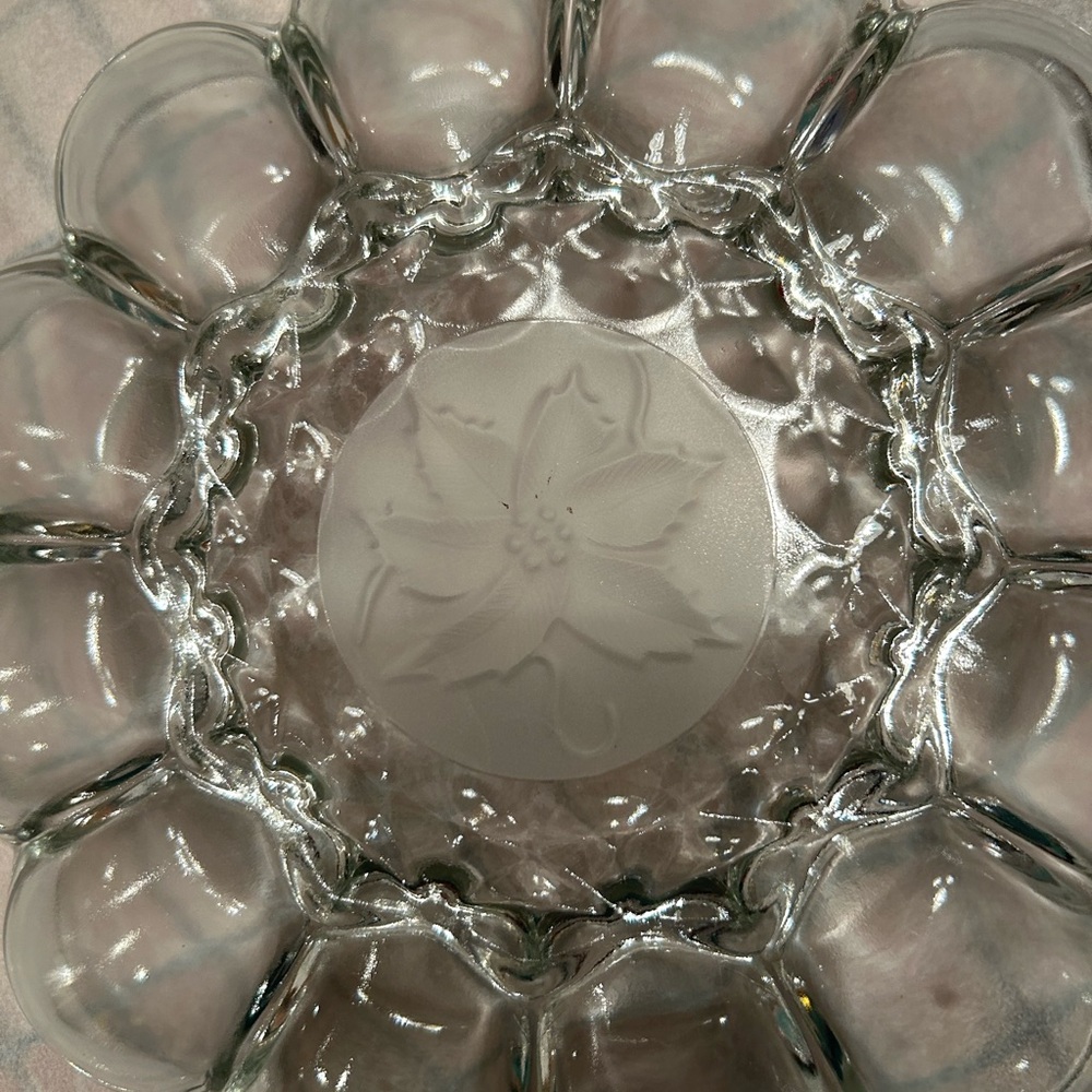 Glass Festive egg plate with frosted design in middle.